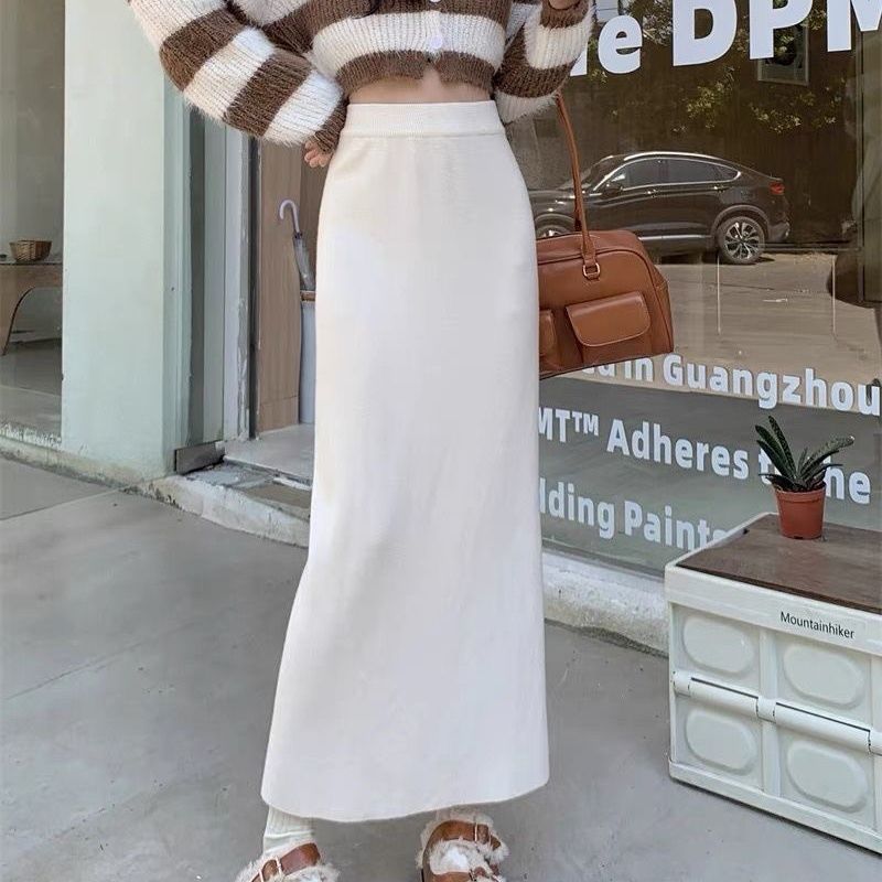 Bodycon A-Line Women's Black Knitted Maxi Skirt Autumn Winter High Waist Slim-Fitting Ankle-Length Straight Skirt