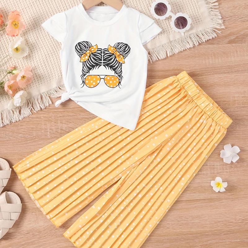 

Модный комплект для девочек, летний детский мультяшный портрет, короткий рукав + широкие брюки, повседневный комплект из двух предметов 7y жёлтый