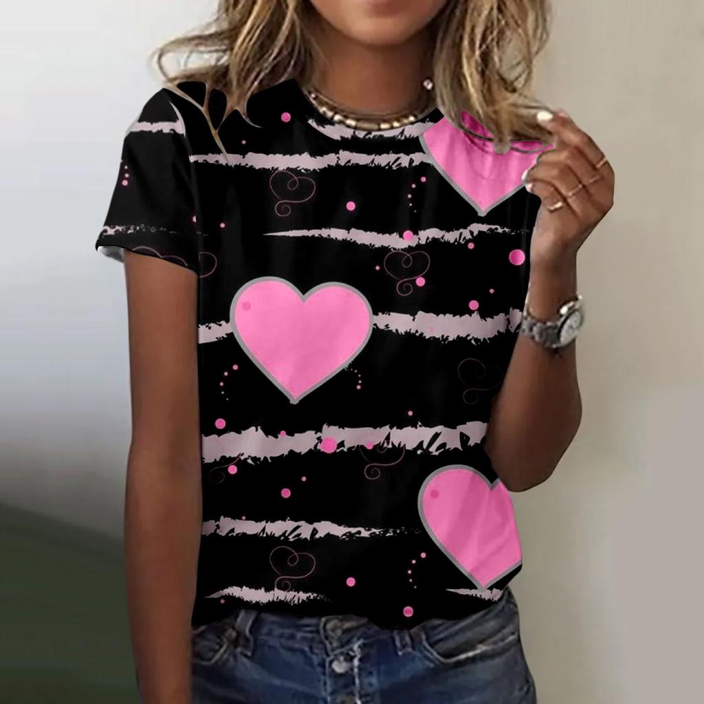 Damen T-Shirt Sommer O-Ausschnitt Top 3D Rot Valentinstag T-Shirt Modisches T-Shirt Vielseitig Große Größe Damen Kurzarm