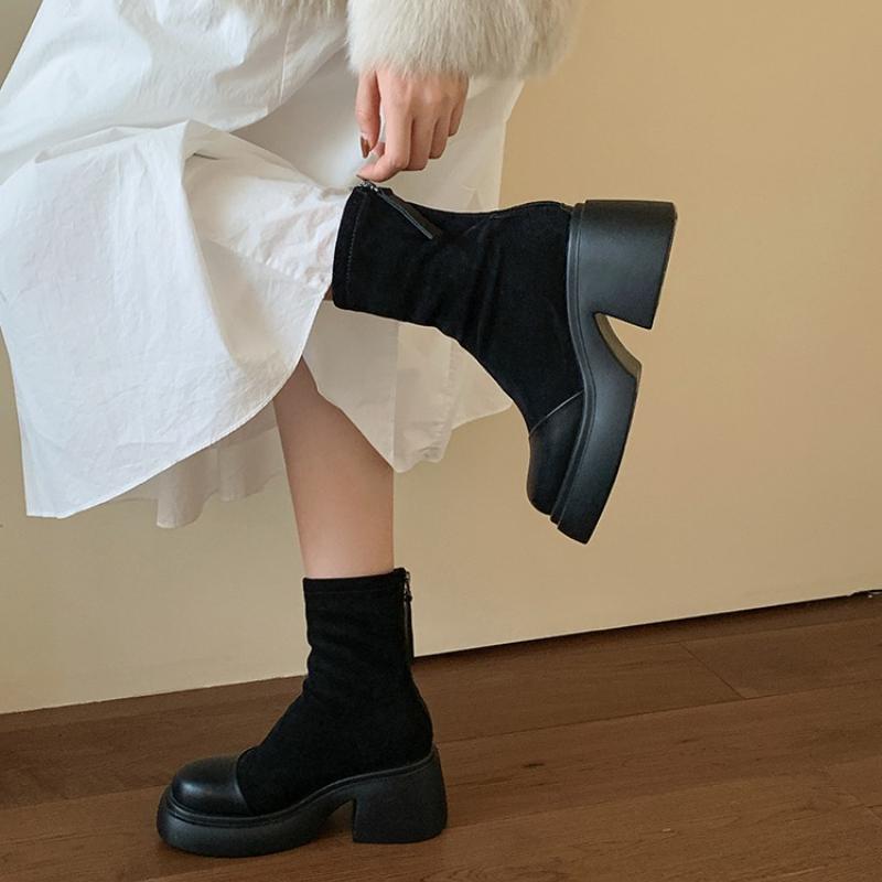 Vintage Platform Thick Heels Women Ankle Boots Autumn Winter Height Increase Women's Stretch Slim Short Botas De Mujer