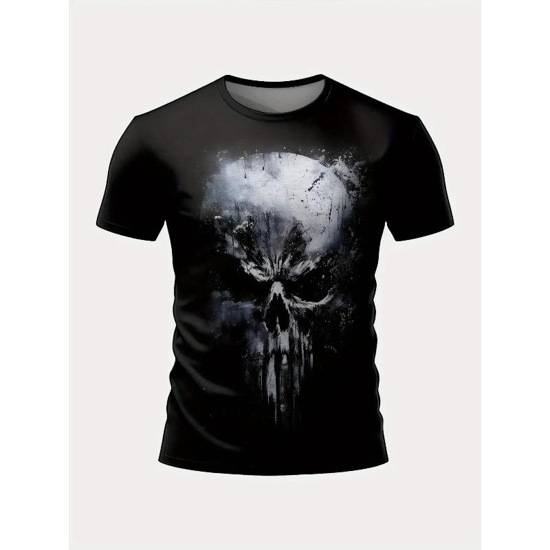 Męska koszulka gotycka z nadrukiem czaszki, rozmiar europejski - krótki rękaw, casualowa, z okrągłym dekoltem, z zadziornym wzorem kości, można prać w pralce, całoroczna góra do stylizacji