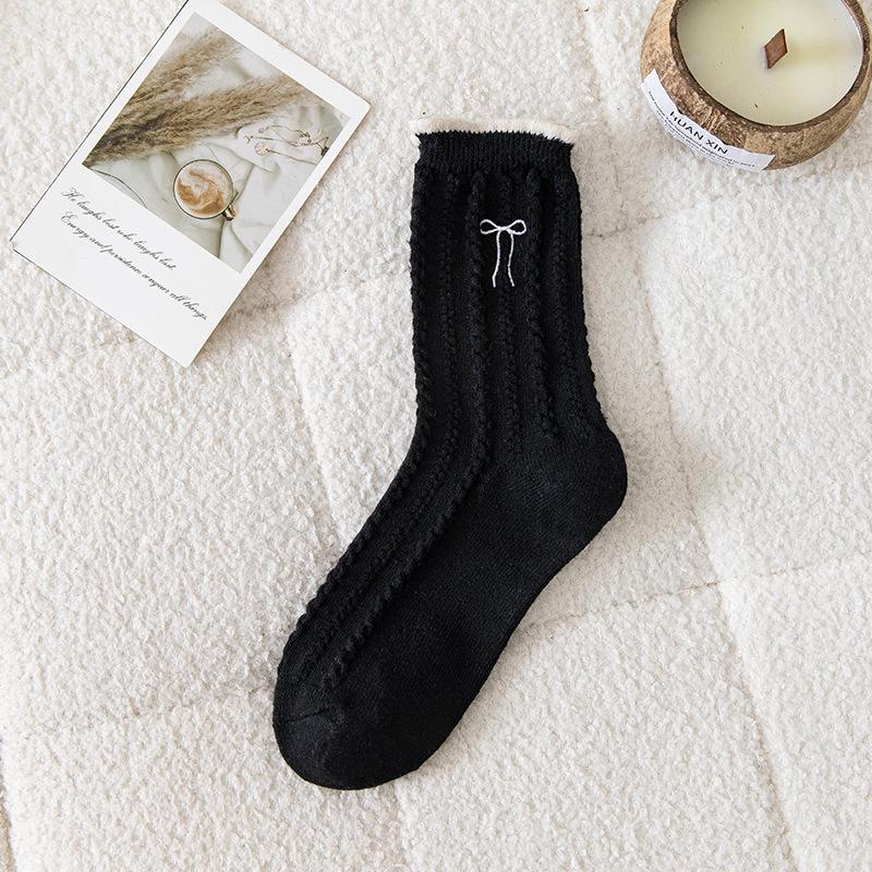 

Осенне-зимние шерстяные носки, утолщенные и теплые, носки до середины икры с вышивкой в виде бантика, в стиле колледжа, носки Dui Dui для девочек 1 pair чёрный