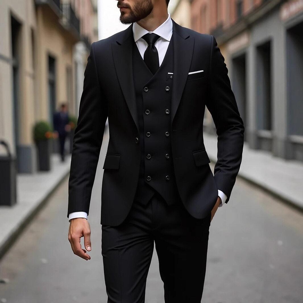(Blazer+Vest+Pants) Men s Fashion Business Gentleman Professional Formal Dress Korean Version Banquet Dress Suit 6XL S чёрный