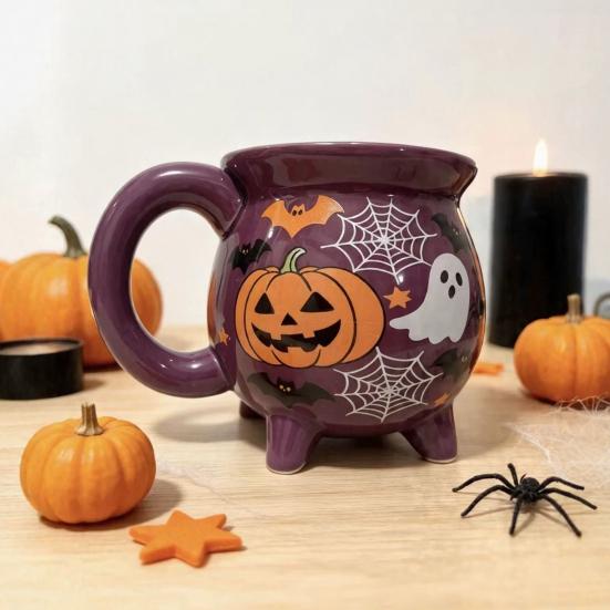 Gifts for Besties Women Halloween Witch Cauldron Coffee Mug, 360ml Ghost Pumpkin Spider Web Pattern Spooky Kitchen Decor Ceramic Cup, Drinkware Party,