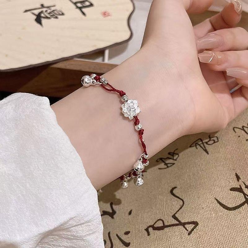 1Pcs Ethnic Trendy Hand Accessories Pulseras Chinese Style Woven Bracelets Red Rope Bell Lotus Flower Bracelets For Women