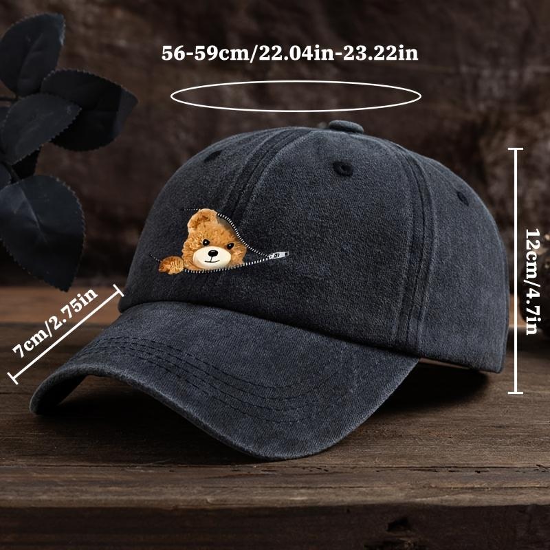 Zippered Bear Print Baseball Cap, Outdoor Sun Protection Cap, Stylish Full Duckbill Cap, Black, Machine Washable Baseball Cap