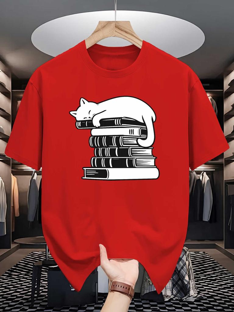Unisex Crew Neck Tee Sleep Cat Book Stack Minimal Graphic Print Soft Cotton Loose Short Sleeve Summer Casual Male Streetwear Tops