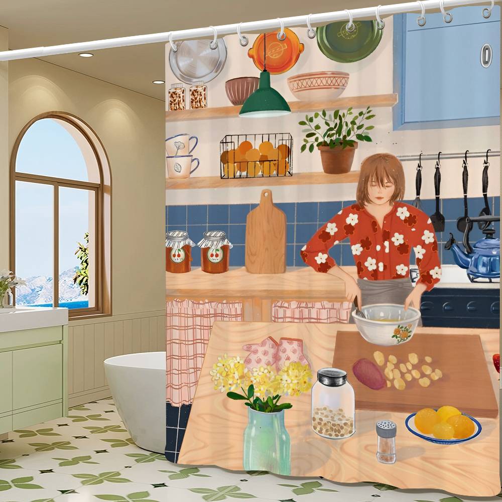 

Cute Kitchen Girl Shower Curtains 180cm Polyester Modern Style Bathroom Curtain With Hooks Waterproof Funny Shower Curtain 90x180 cm