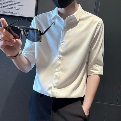 Men Ice Silk Short Sleeve Shirts Solid Color  Summer Thin  Turn-down Collar Tops Male Casual Loose Shirts