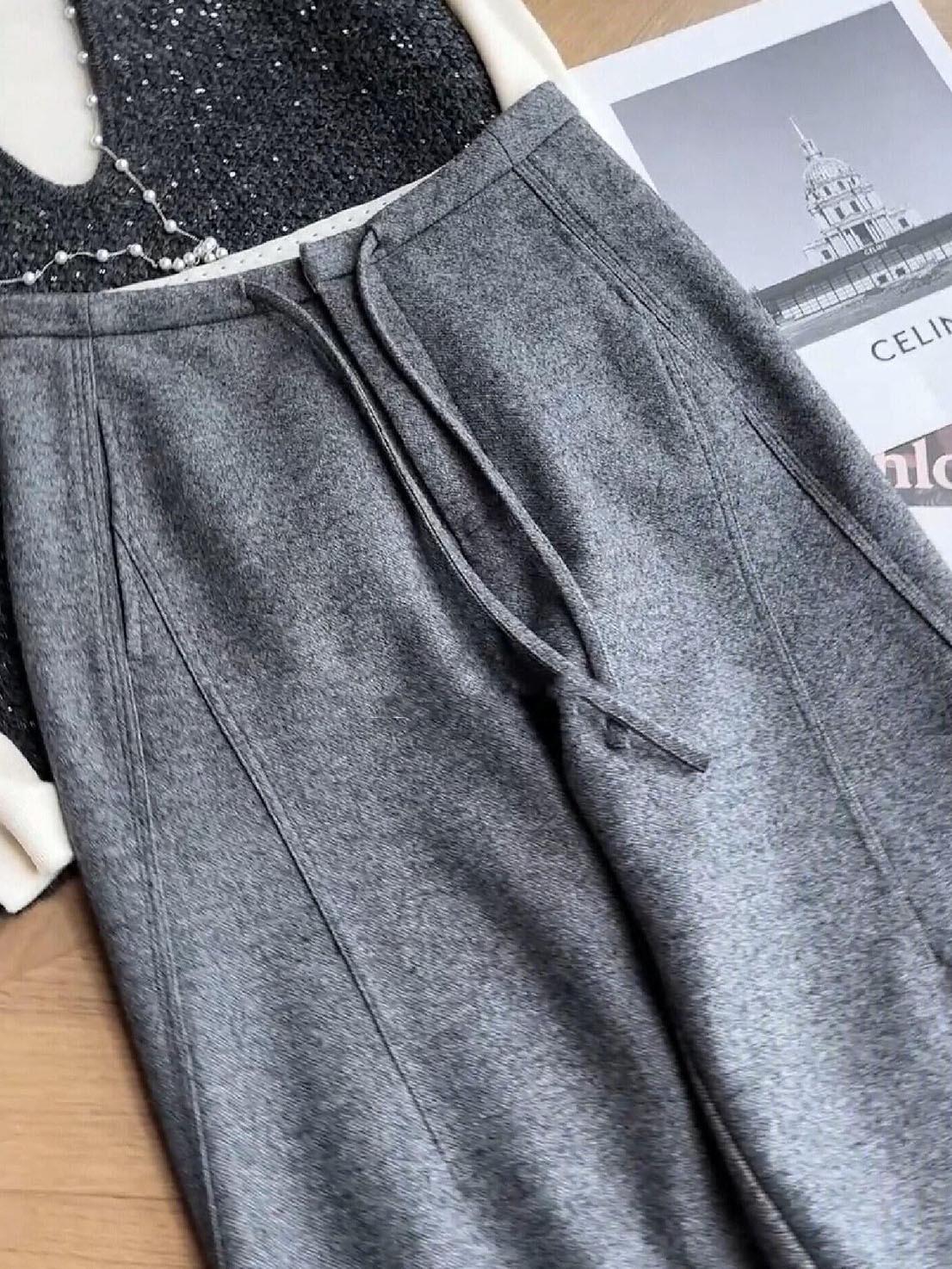 

Women s High-Waisted Gray Wool Tweed Wide-Leg Drawstring Pants L (recommended 55-64 kg) серый