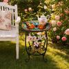 2-layer Storage Rack Outdoor Side Table, Round Small Mosaic Bird Butterfly Patio Accent, Indoor End Table Plant Coffee Tea for Yard Porch Garden