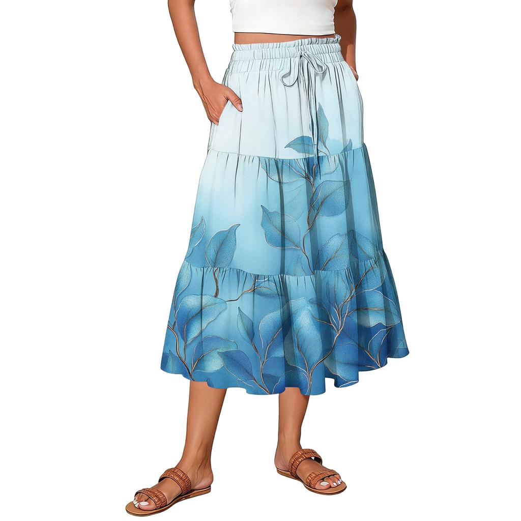 Maxirock für Damen mit Kordelzug, hohe Taille, lange Sommerröcke, leicht, gestuft, fließend, geblümt, Faltenröcke