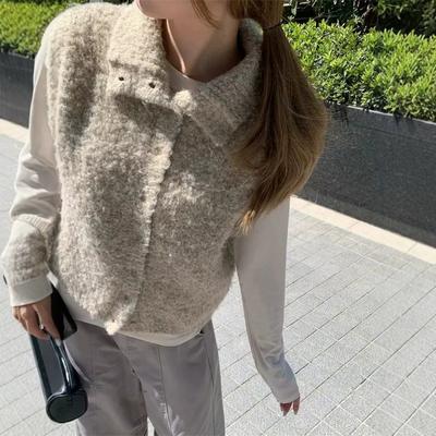 سترة شتوية نسائية سميكة محبوكة بياقة عالية بلا أكمام دافئة من مزيج الصوف كبيرة الحجم
