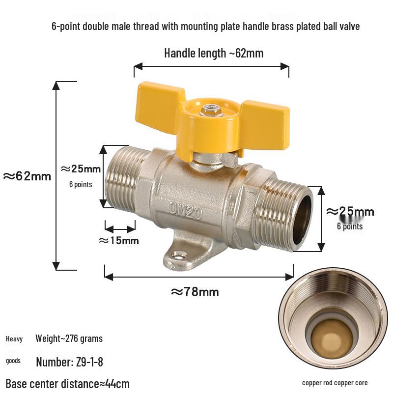Brass Ball Valve with Copper Core: Male/Female, Double Female, 1/2", 3/4", 1" Sizes, for Water and Gas Pipes.