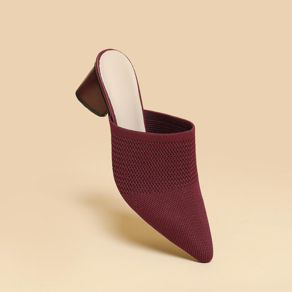 Damen Große Größe Frühling Spitzschuh Dicken Absätzen Sandalen Schuhe Casual Flyknit Blockabsatz Tiefe Öffnung Einfarbig Gestrickte Slipper Schuhe 34-43