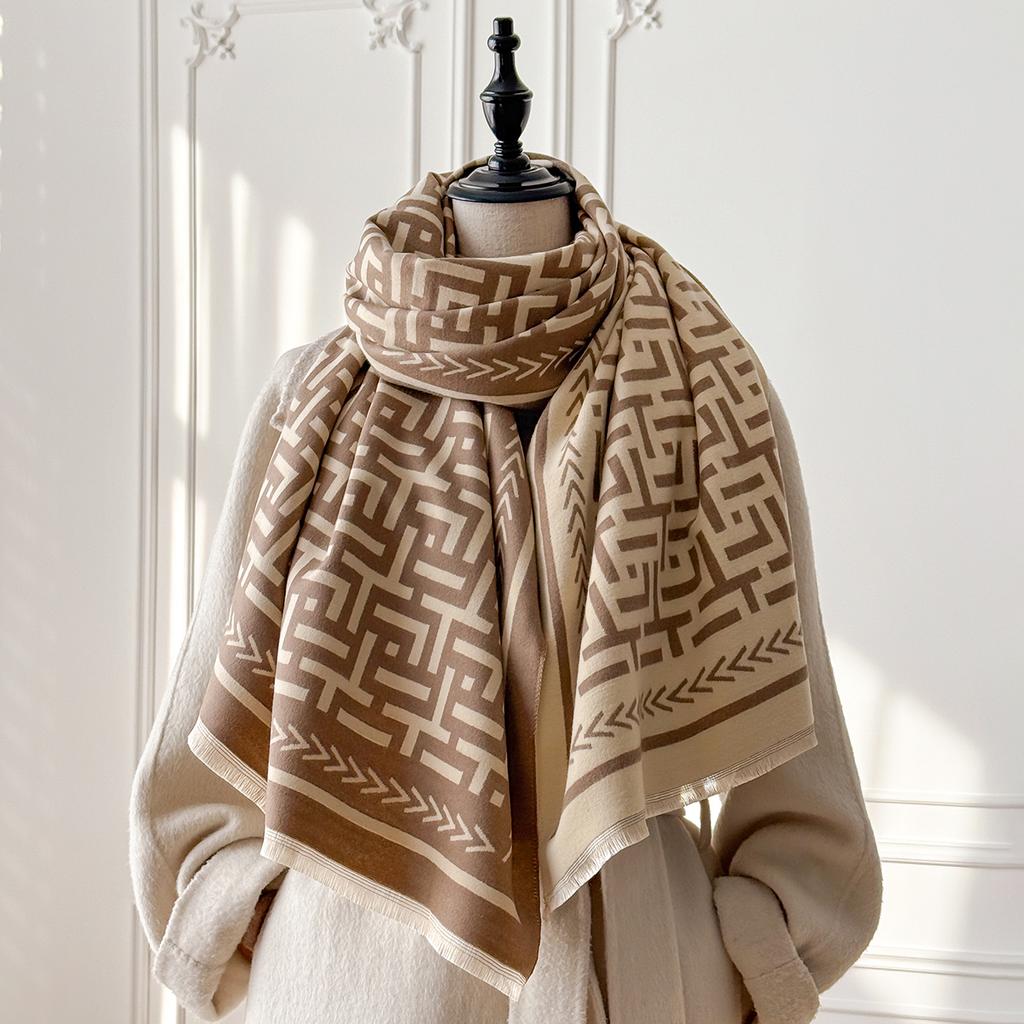 Luxury Brand Women's Cashmere Scarf - Winter Warm Tasseled Allover Geometric Print Pashmina Shawl, Foulard & Poncho