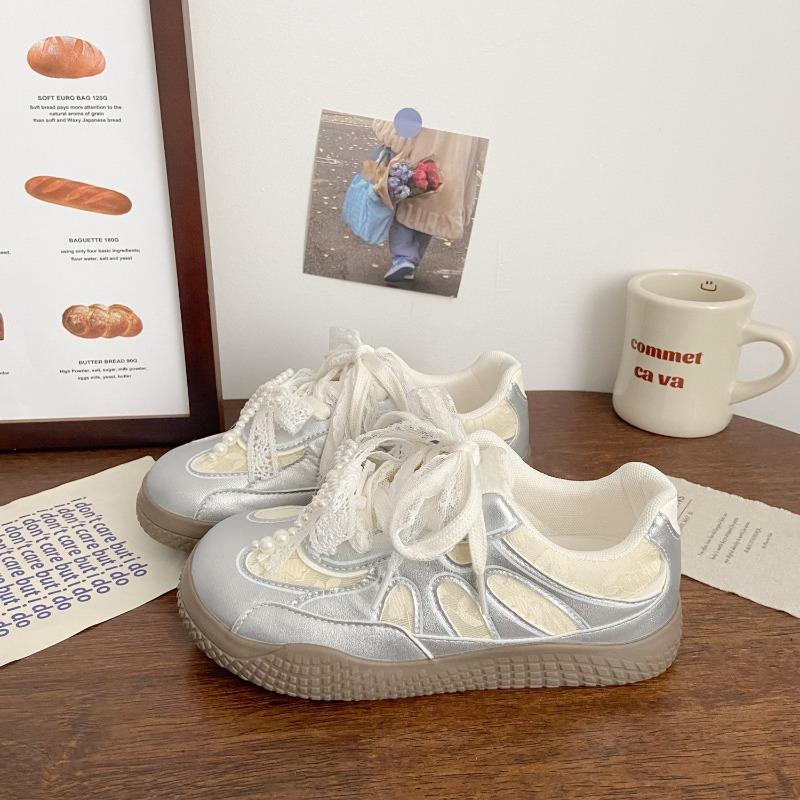 Lace Dexun Shoes for Women, Summer New Popular Mesh Breathable Sneakers, Pearl Belt Silver Dad Shoes