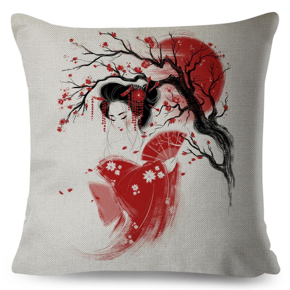 Japanese Style Ink Cushion Cover for Sofa Home Car Decor Beautiful Scenery Cat Girl Pillowcase Polyester Pillow Case 45x45cm
