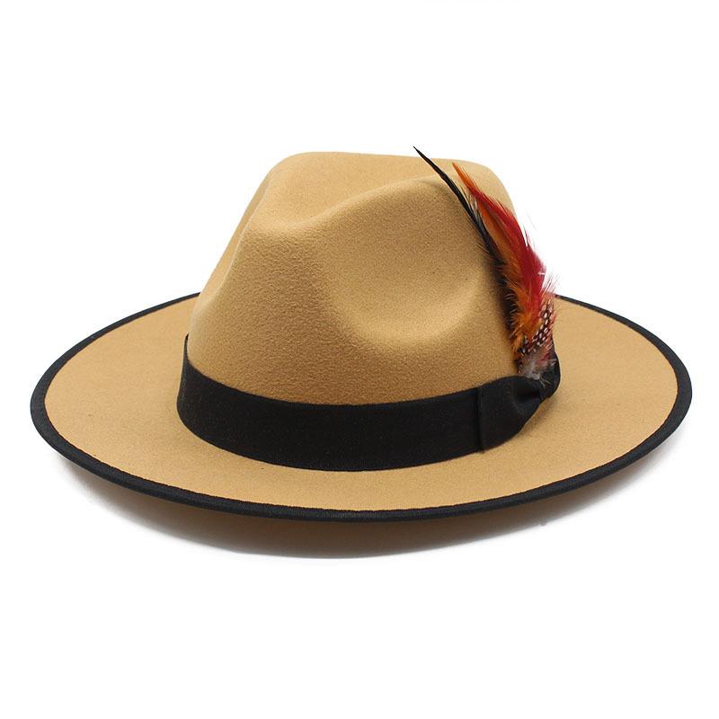 

Red Woolen Hemming Top Hat Feather Jazz Hat M（56-58cm） верблюд