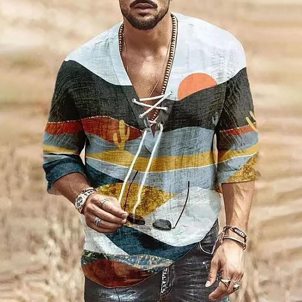 Men's Half Short Sleeve Cotton Linen V Neck Print Loose Shirts
