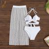 Costume da bagno da donna a tre pezzi, sexy, con protezione solare, in rete, lungo, bikini da spiaggia con spacco