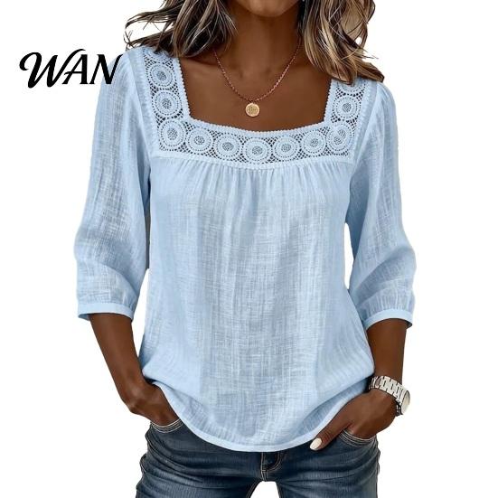 Skin-friendly Fabric Shirt Women Square Collar 3/4 Sleeve Pure Color Casual Loose Fit Tops Blouse Lace Splicing Summer Breathable
