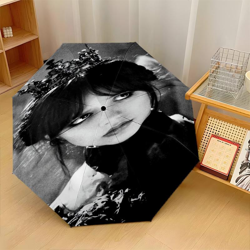 Wednesday Addams Windproof Auto 8 Rib Folding Umbrella Portable Outdoor Parasol