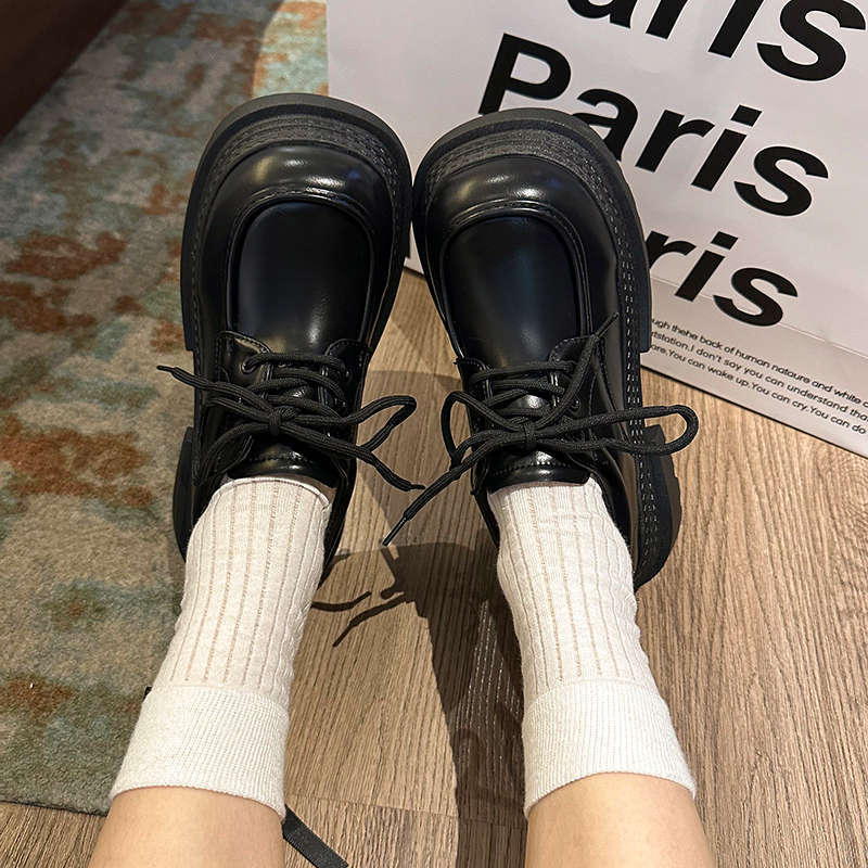 British Style Retro Lace-up Versatile Loafers Women's 2025 Spring and Autumn New Thick Heel Thick Sole Heightening Brown Small Leather Shoes