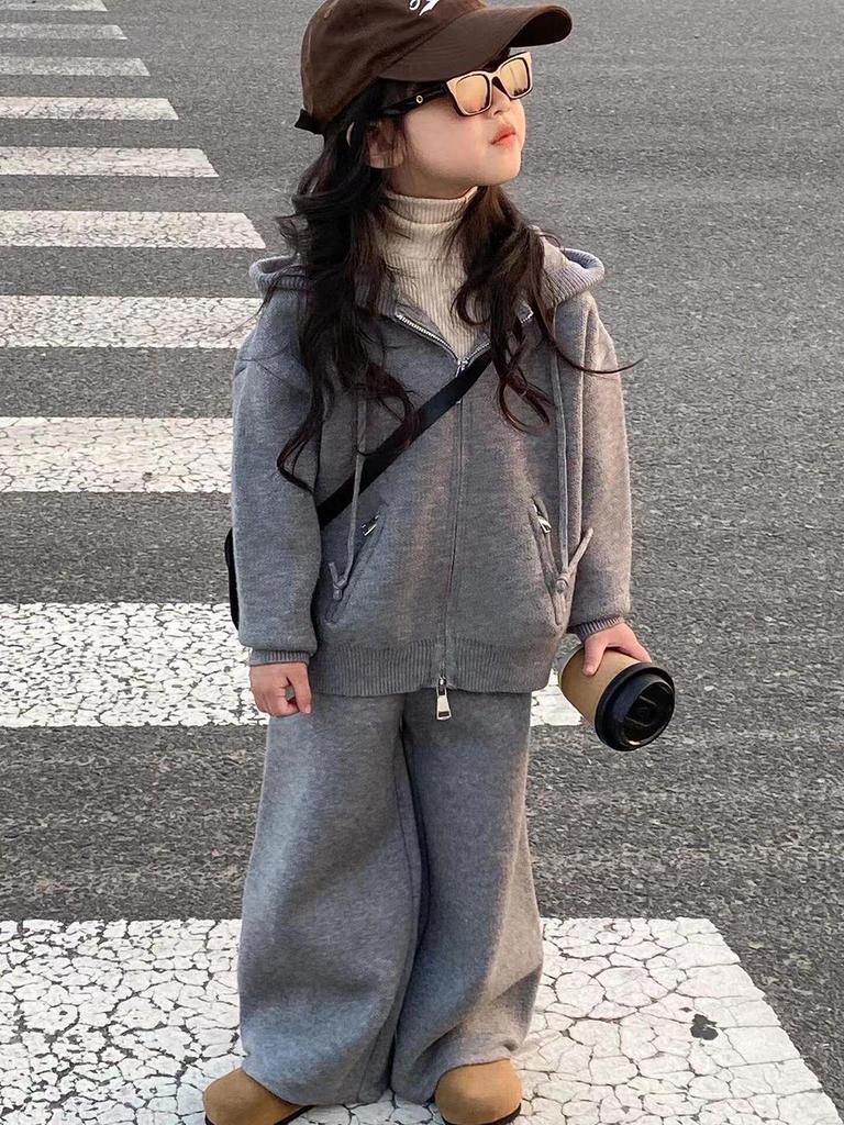 Korean Kids' Gray Casual Hoodie & Wide-Leg Pants Set - Girls' 2025 Autumn/Winter Trendy Wear