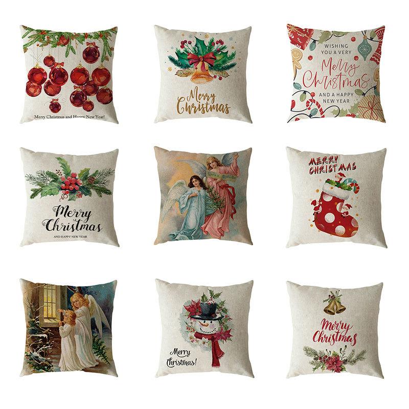 Santa Claus Pillow Case Snowman Color Ball Christmas Wreath Linen Pillow