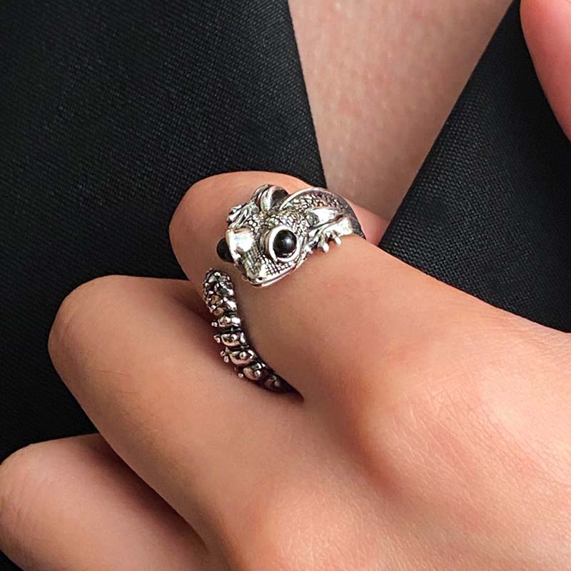 Gothic Black Lizard Opening Rings for Men Women Punk Hip Hop Metal Animal Adjustable Finger Ring Party Zircon Accessories