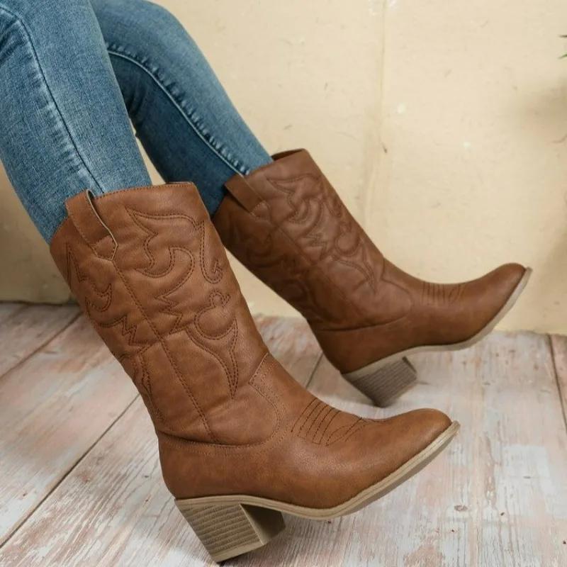 Fashion 2025 New Ladies Shoes Slip-on Women's Boots Fashion Embroidery Modern Boots Women Hot Sale Round Toe Mid-Calf Shoes Womenzapatos