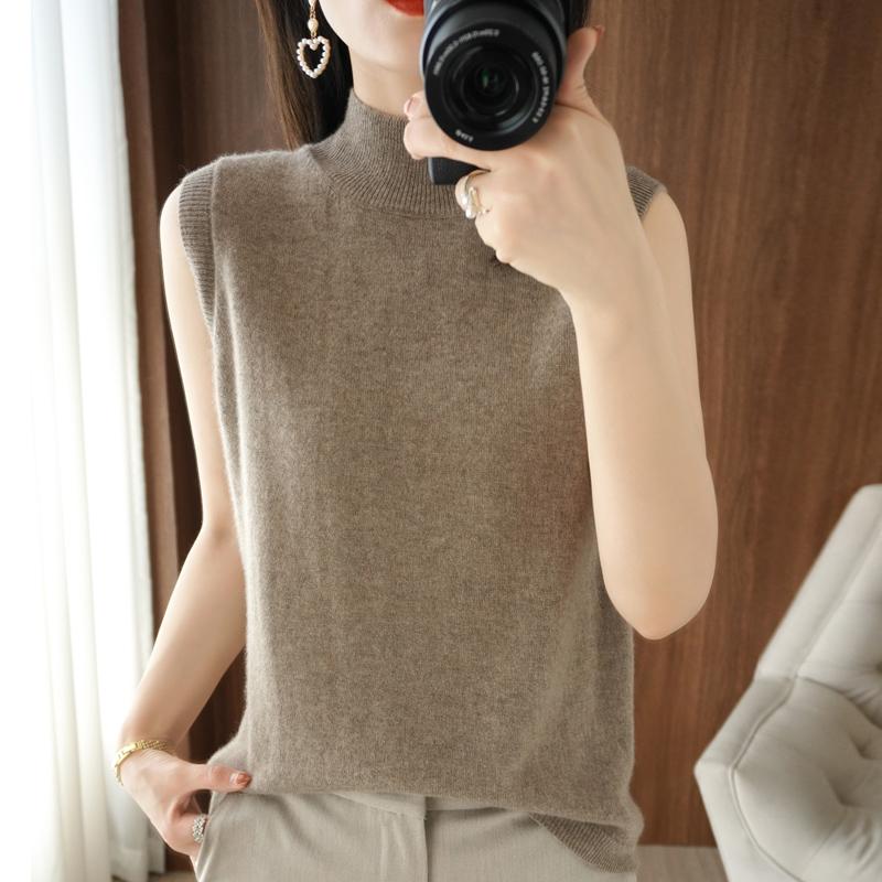 Frauen Tank MODERNE NEUE SAGA Sommer Gestrickte T-shirt Ärmellose Basic Tees Stricken Top Rollkragen Weibliche