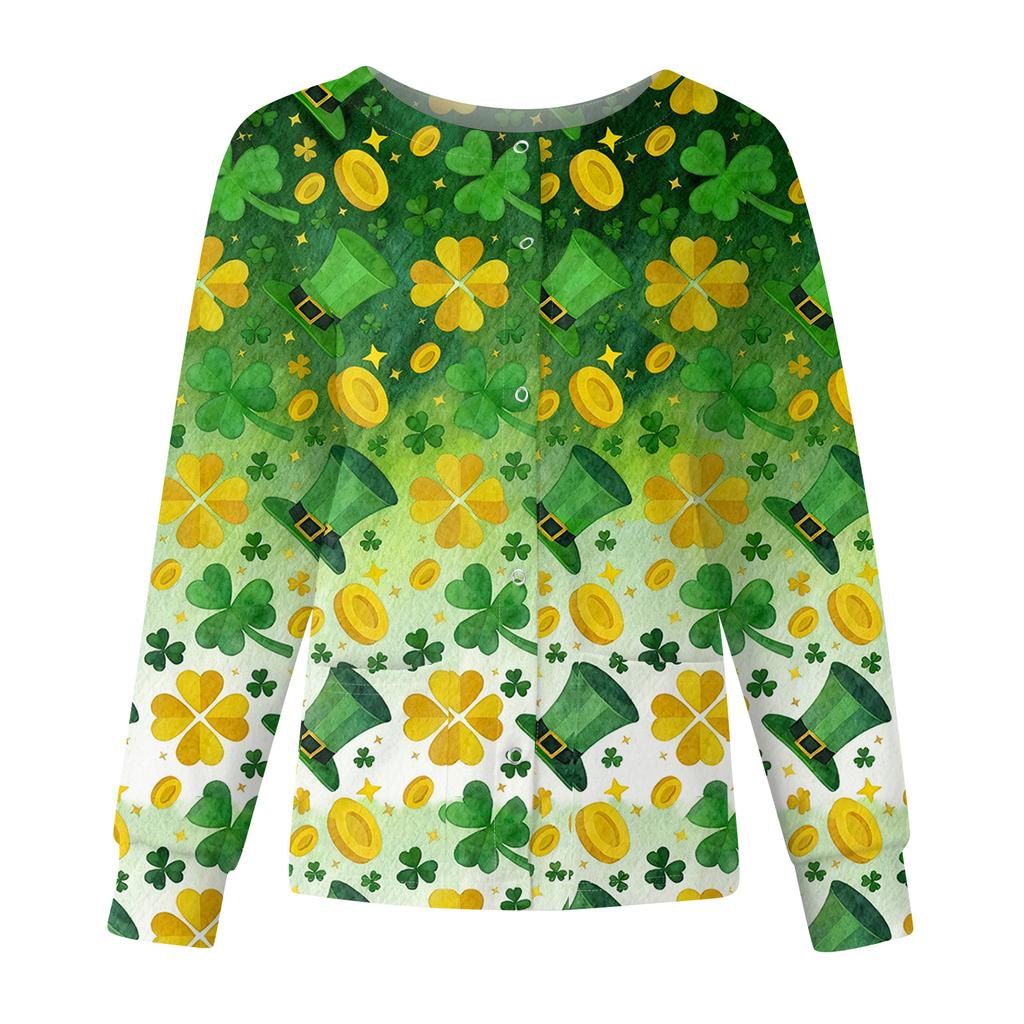 Women's Casual Fashion Long Sleeve Standing Collar Single Breasted St. Patrick's Day Print Workwear Jacket Tops