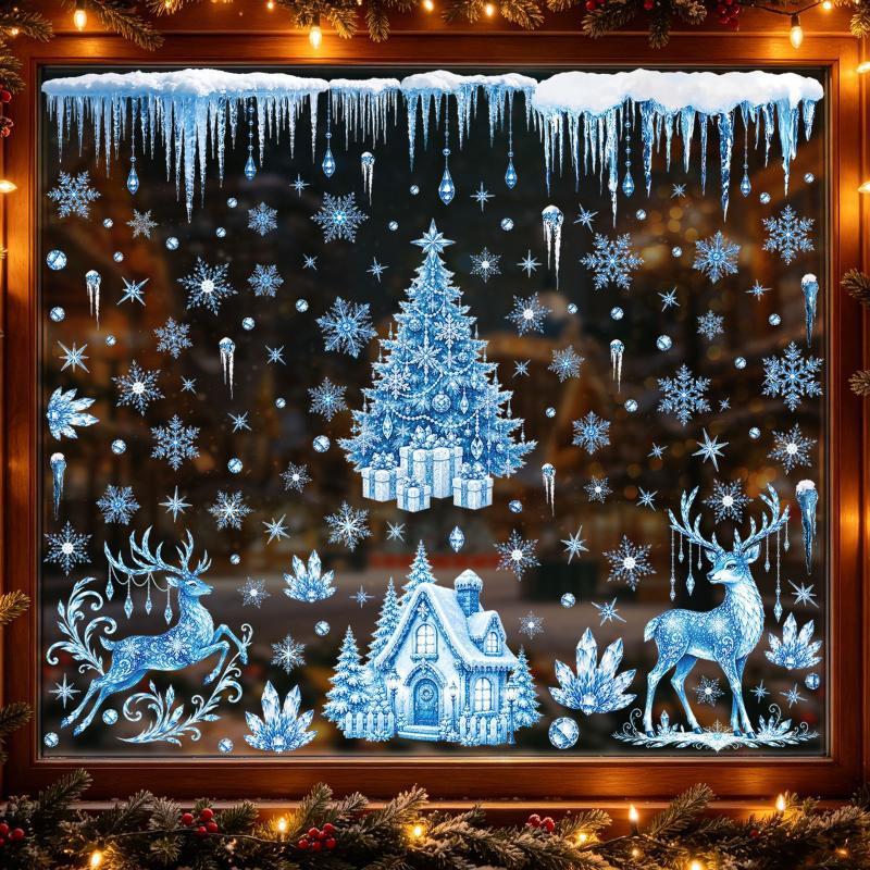 Blue Christmas Window Static Clings With Santa Snowman Reindeer Patterns For Home Xmas Party Decorations