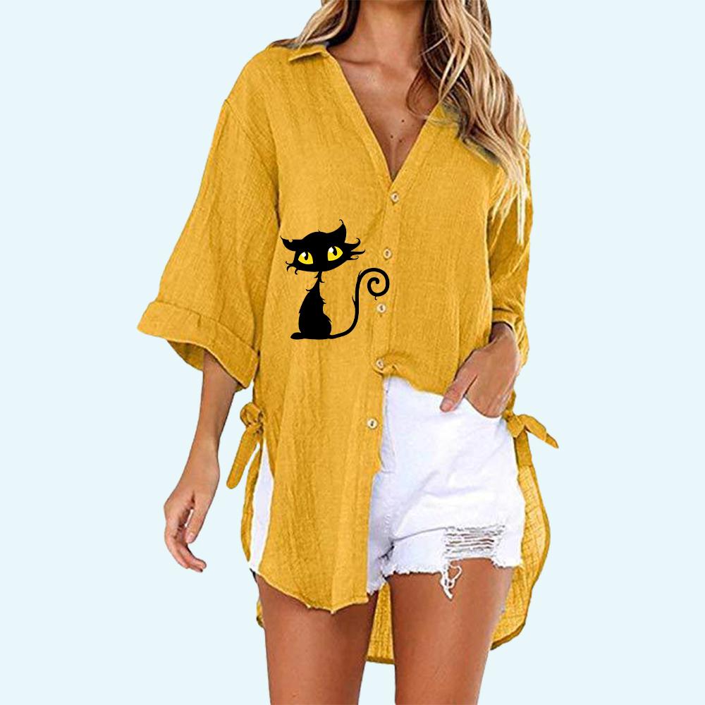 

Жіноча сорочка з принтом на ґудзиках Літньо-осіння модна футболка з піврукавом Жіноча повсякденна вільна довга блузка з V-подібним коміром 5XL жовтий