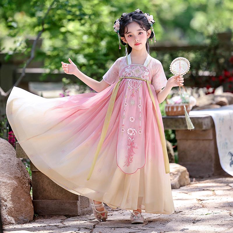 Kids' Summer Hanfu Chiffon Dress: Short Sleeve Ruqun Princess Costume