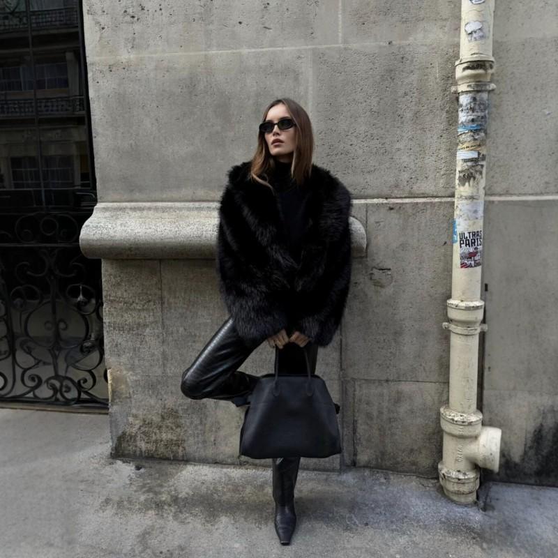 Cappotto Donna Corto in Finta Pelliccia di Volpe Collo a Sciarpa Vestibilità Larga Autunno Inverno Moda Capospalla