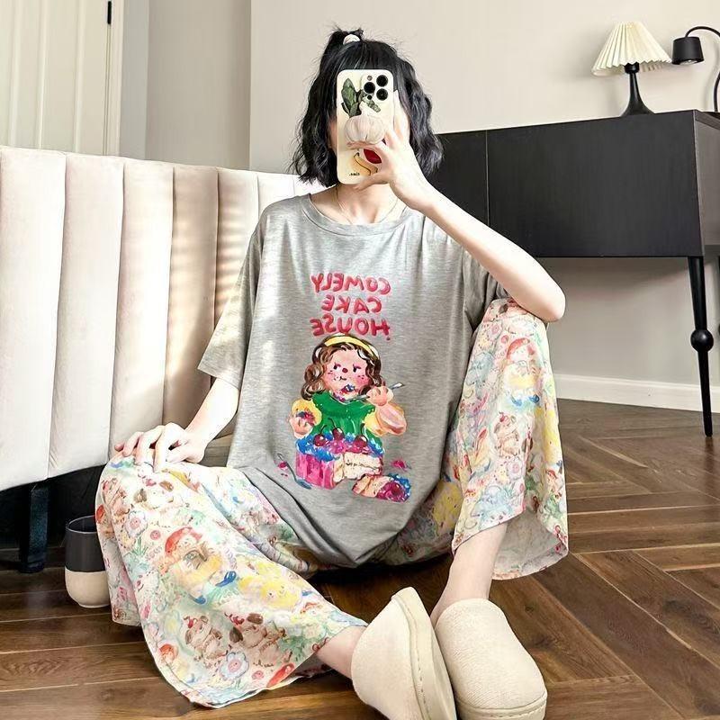 Pajamas women's short-sleeved trousers summer cartoon cute 2 new cartoon spring and summer loungewear suit can be worn outside