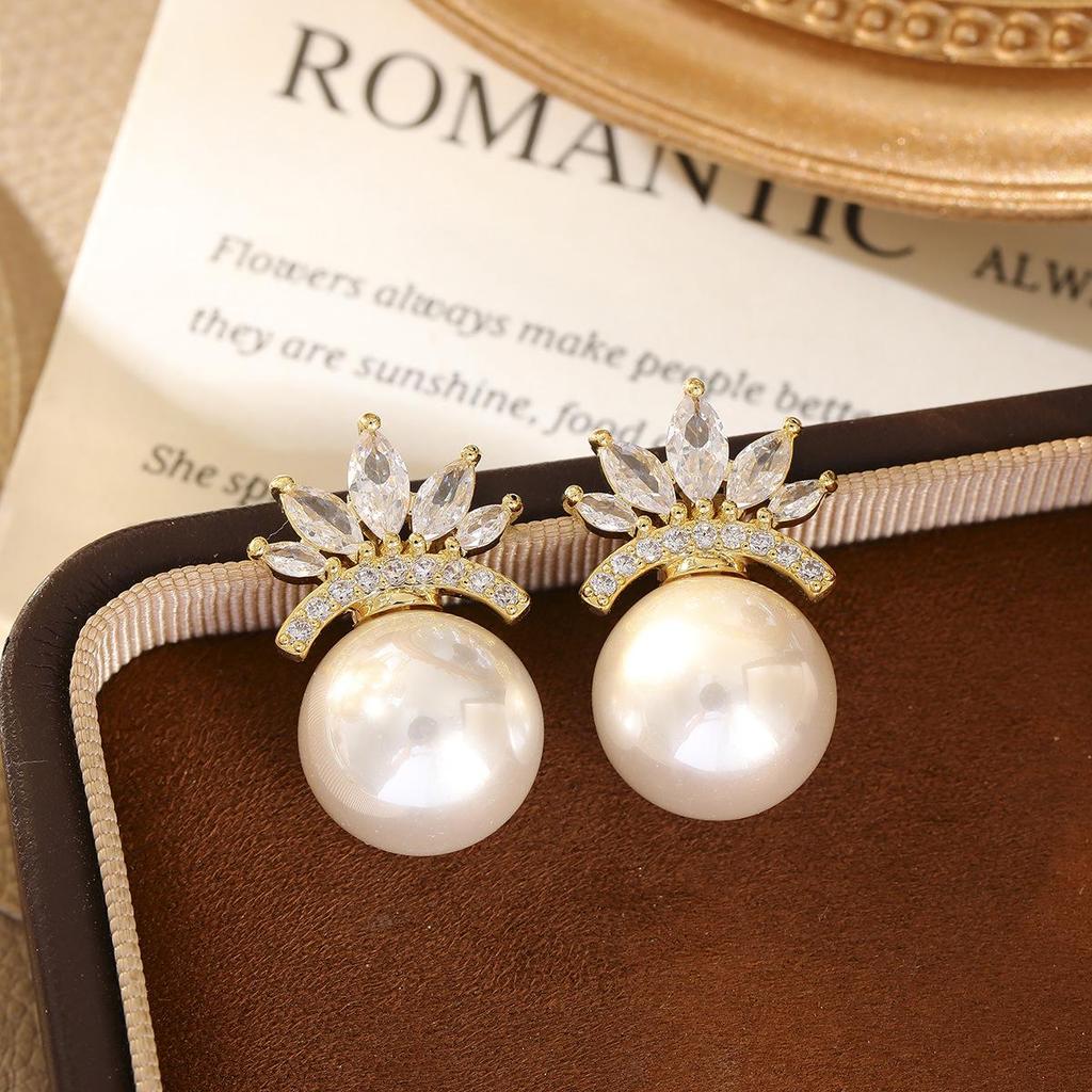 Elegant Crown Pearl & Zircon Stud Earrings - Korean Style, Versatile & Light Luxury