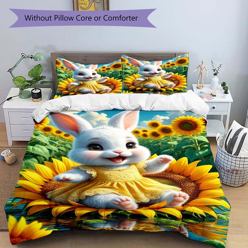 3pcs Anime Bunny Sunflower Bedding Set - Includes One Quilt Cover and Two Pillowcases (No Core) - Polyester Fabric, Perfect for Bedroom and