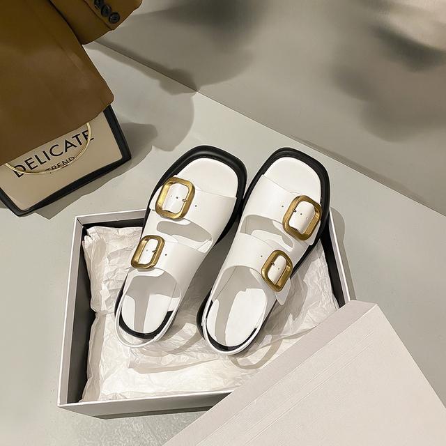 Sandale din piele alb negru Pantofi de vară pentru femei Sandale plate cu vârf pătrat, talpă groasă, cataramă pătrată din metal, sandale simple la modă