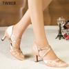 Damen Latein Tanzschuhe Ballsaal Tango Tanzschuhe Weiche Sohle Party Salsa Tanzschuhe Mädchen High Heel Satin 7,5cm