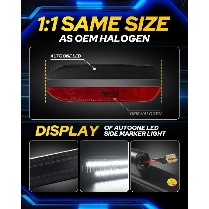 AUTOONE Upgraded Rear LED Side Marker Lights Compatible With Ford Mustang 2015-, White Parking Lamps, Smoked Lens Driver & Passenger Side Bumper