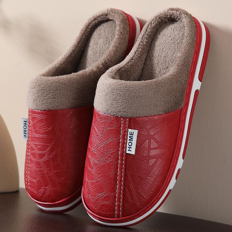 Women's Non-Slip PU Leather Indoor/Outdoor Slippers - Velvet-Lined Thick Sole for Autumn & Winter