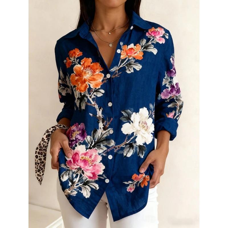 Fashionable Women's Floral Print Long-Sleeve Shirt Loose Fit Comfortable Breathable Long-Sleeve Shirt Casual Everyday Shirt