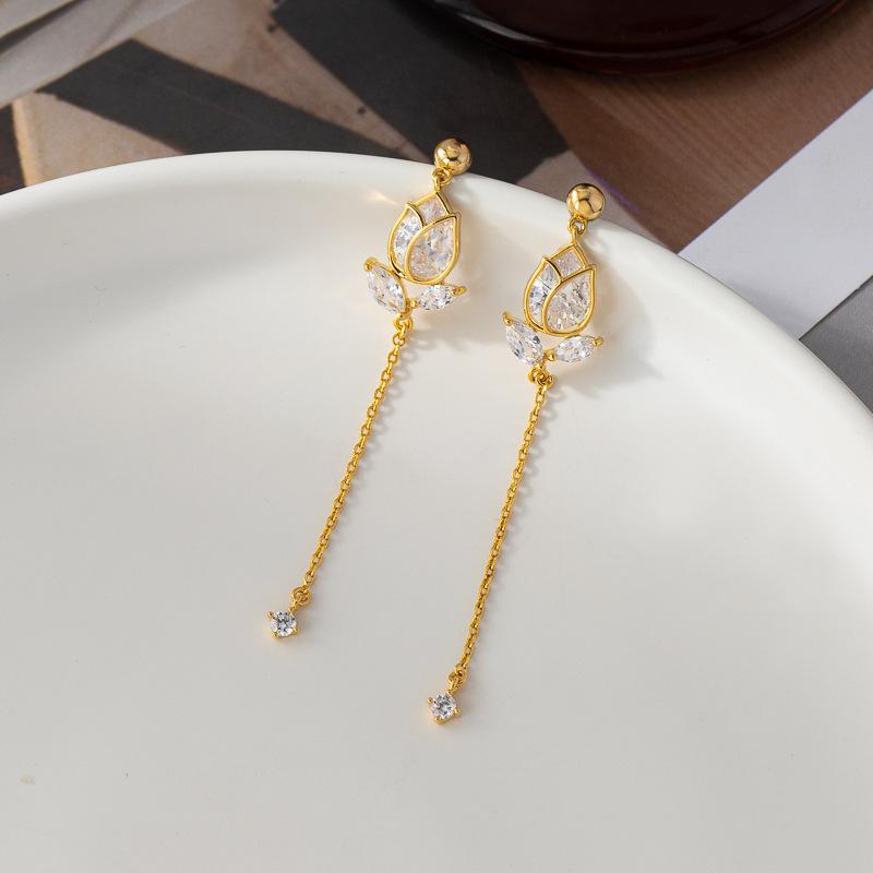 Cold Wind Long Fringed Earrings Women's High-end Niche Design Earrings Tulip Zircon Temperament Versatile Earrings