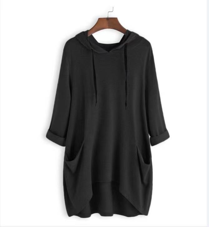 Spring Autumn Women's Hooded Solid Color Loose Long T-shirt Irregular Long Sleeve Pocket Pullover Top