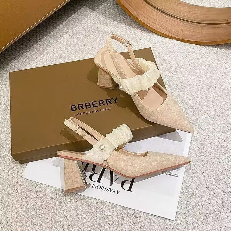 Black High-heeled Shoes for Women's New Summer Wear In 2025, Shallow French Pointed Thick-heeled Bag-head Sandals.