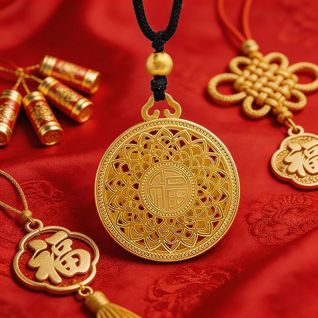 Eight-treasure Compass Necklace, Unisex Pendant, Gold, Black Braided Cord, Blessing Plate, Hollow, Chinese Style, Sweater Chain, New Style